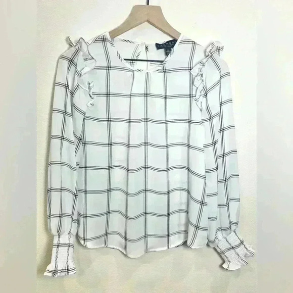 LAUNDRY BY SHELLI SEGAL Windowpane Check Blouse White Navy Blue Size X-Small - Picture 4 of 11